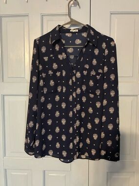 Navy Printed Button-Up Blouse